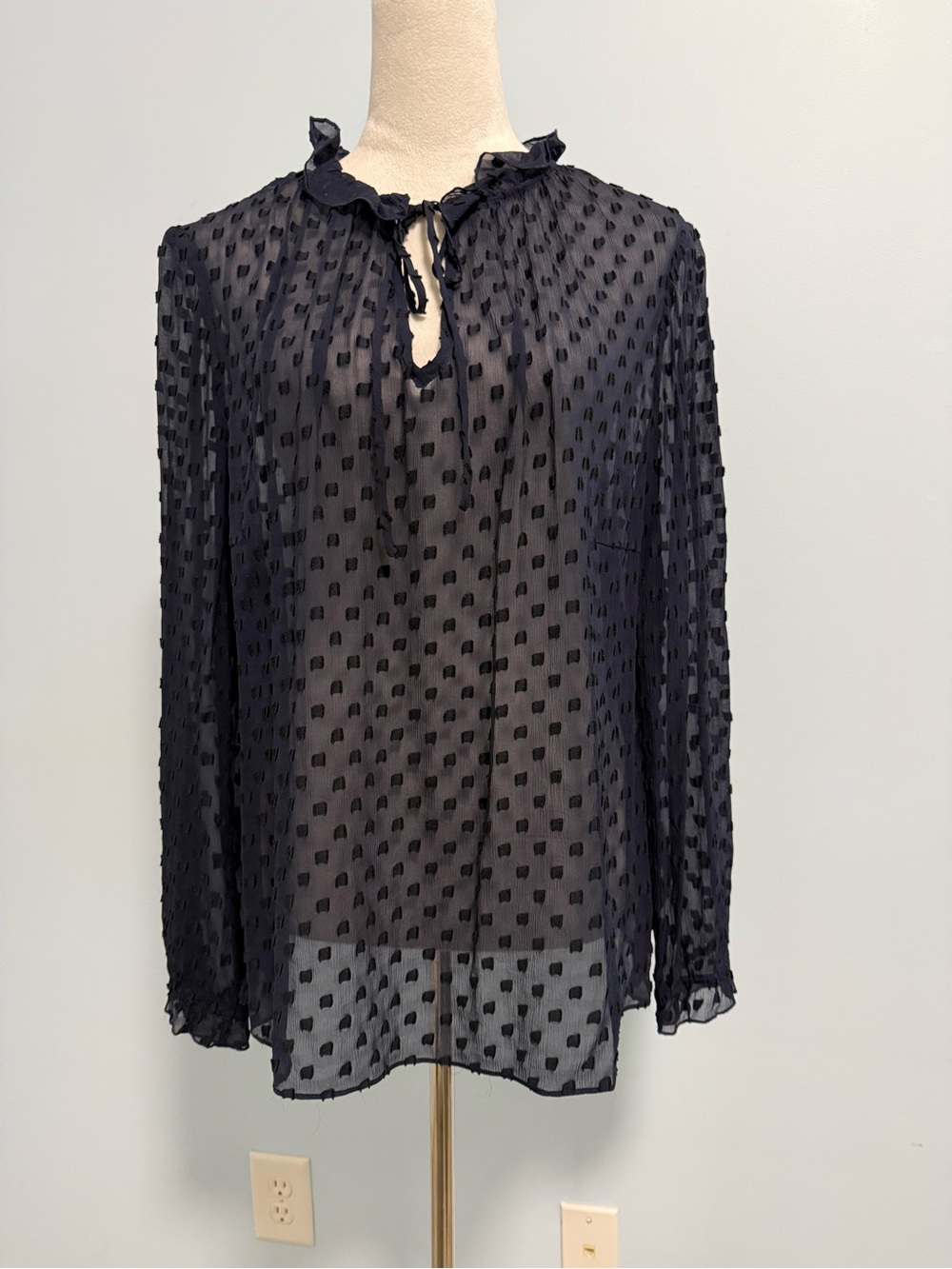Boden navy ruffle neck polka dot Top Blouse‎ Size 16 Silk/ Cotton